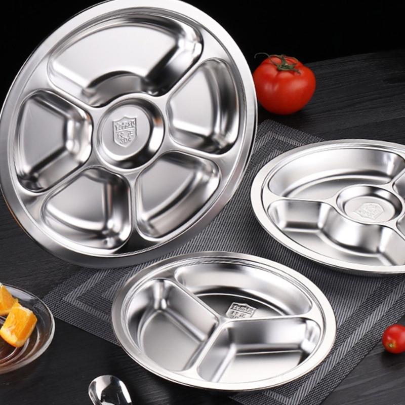 Stainless Steel Multi Compartment Round Plate 28cm For Meal Preparation Outdoor Picnics Office Lunch Microwave Safe Dish