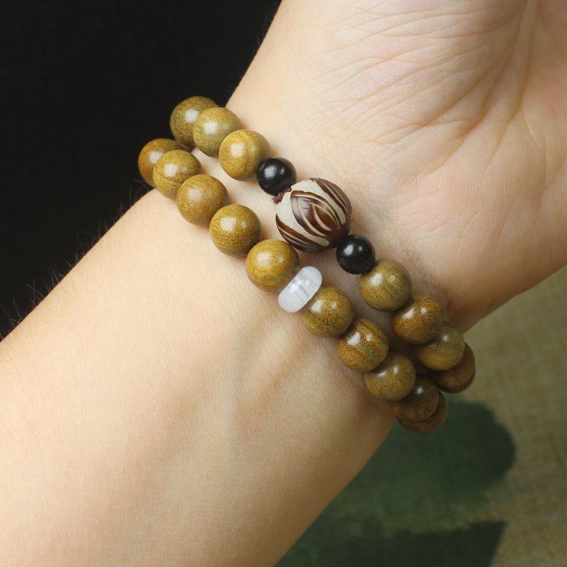 Double Strand Green Sandalwood Lotus Beaded Bracelet Unisex Handheld Wooden Ornament