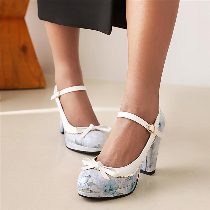 FOREADA Women Mary Janes Pumps Round Toe Thick High Heels Lolita Floral Buckle Bow Glove Shoes Ladies Fashion Shoes Spring Autumn