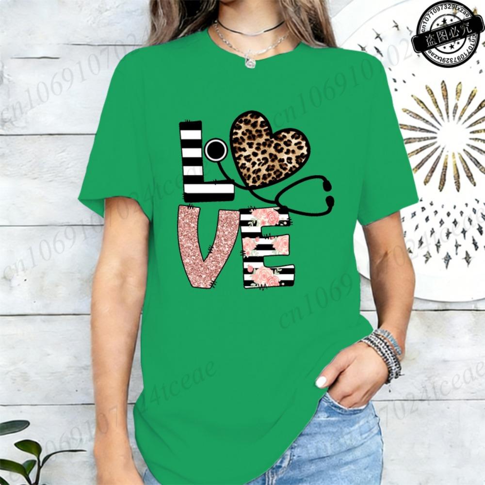 LOVE Stethoscope Heart Rose T-Shirts,Leopard Nurse T Shirt for Women,Nurse Week Gift,short Sleeve Tees,summer Fashion Shirts