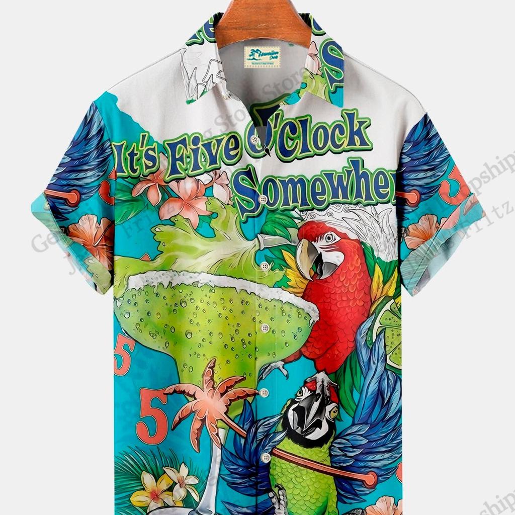 Camicia Tropic Pappagallo Tramonto Uomo Donna Moda Aloha Spiaggia Vacanza Camicia Hawaiana Manica Corta Camicetta Festiva Uomo camisa