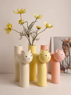 2025 Keramik-Blumenvase, niedliche Röhrenvase im Kawaii-Katzen-Design, Zimmer-, Heim- und Schreibtischdekoration, Kunstornament, Geschenk, Blumentopf, versandkostenfrei