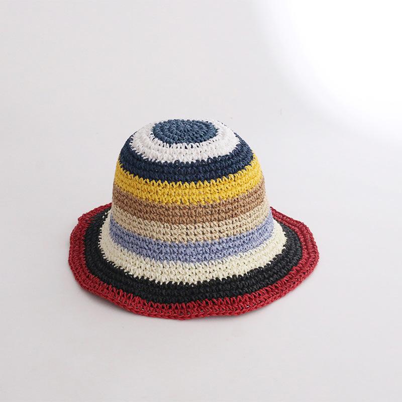 Women's Spring and Summer Korean Style Fashionable Colorful Pure Hand Crocheted Woven Fisherman Hat Vacation Foldable Sun Protection Sunshade Hat