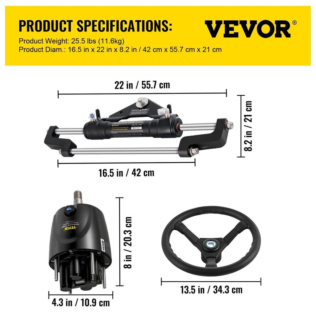 Hydraulic Outboard Steering Kit 300HP, Hydraulic Steering Kit Helm Pump,Hydraulic Boat Steering Kit with 22 Feet Hydraulic Steering Hose for Boat