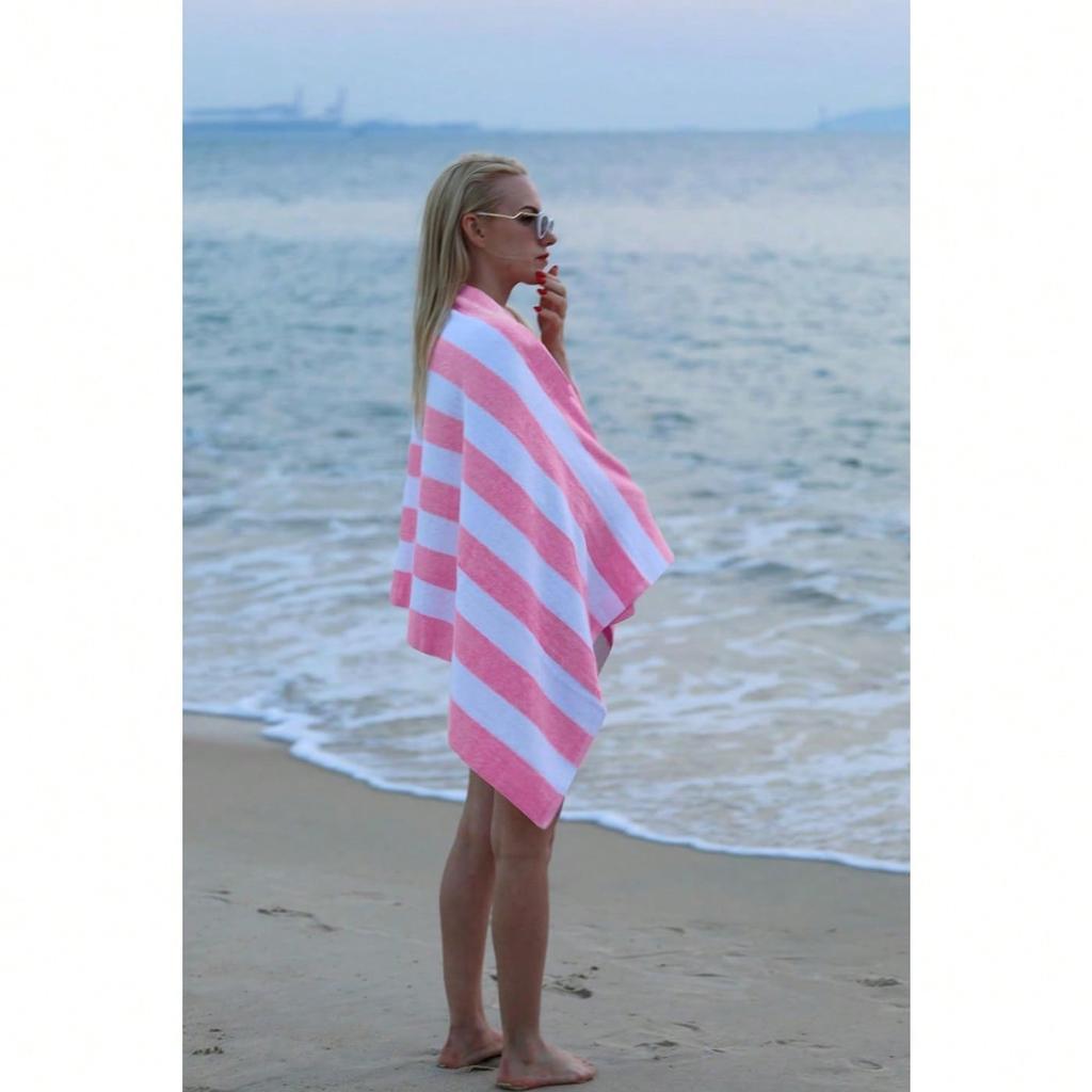 1 Pc Large Oversized Beach Towel 31''X71'', Microfiber Pool Towel, Pink Striped Quick Dry Cabana Swim Towel
