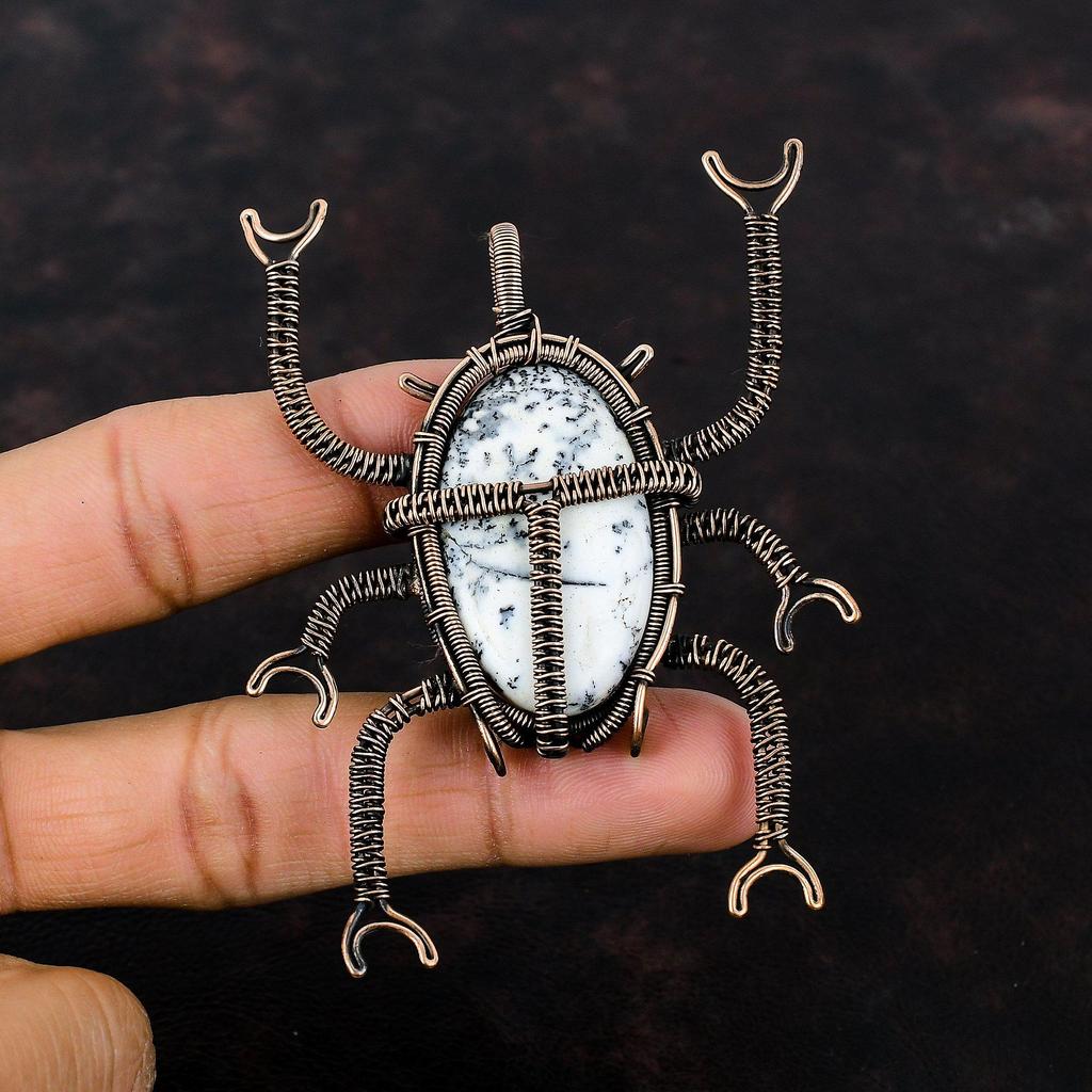 Dendrite Opal Pendant Copper Wire Wrapped Pendant Gemstone Jewelry Handmade Pendant Designer Copper Jewelry Beetle Pendant Wire Wrap Jewelry