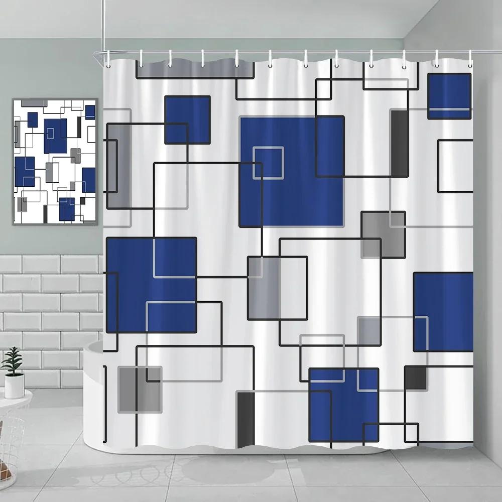 Fabric Geometric Shower Curtain, Mid-Century Modern Geometric Herringbone Chevron Blue Black Gray Square Bathroom Decoration