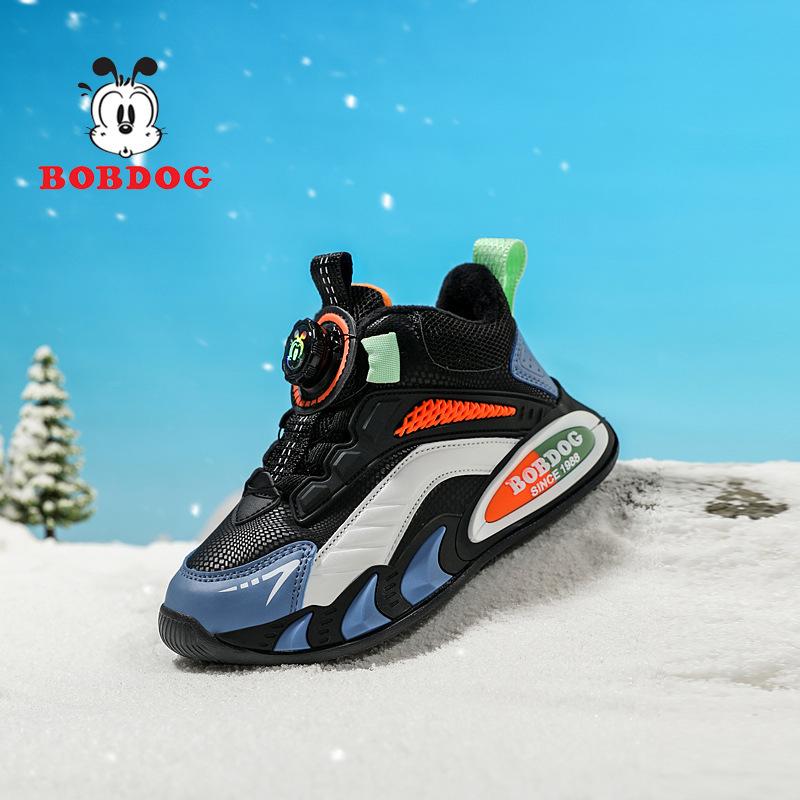 Babu Bean Classmate Boys Fleece Leather Surface Waterproof Sneakers Girls Running Shoes Middle Older Children Rotary Buckle Mesh Shoes