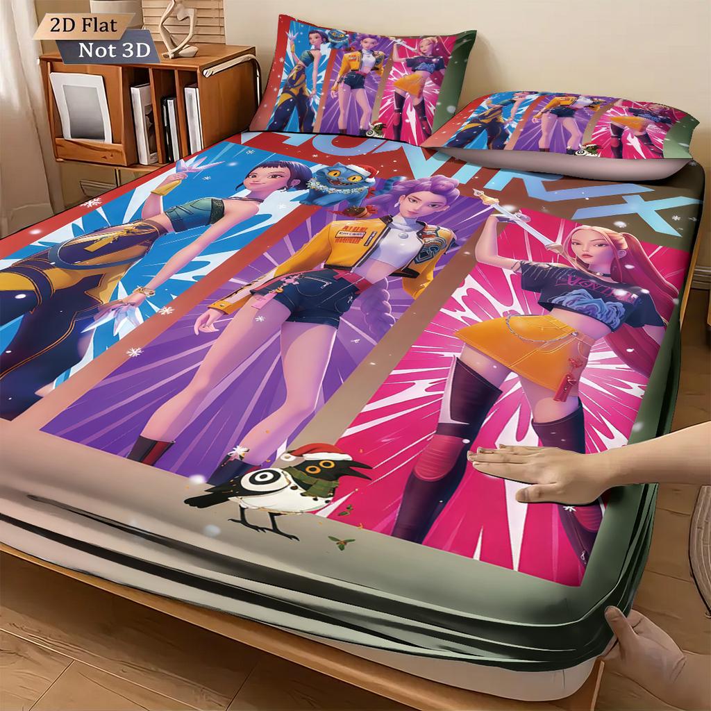 3Pcs K-Pop Demon Hunters Printed Chipless Bed Sheet Set With Multiple Sizes Bed Cover Bedding Decoration Machine Washable