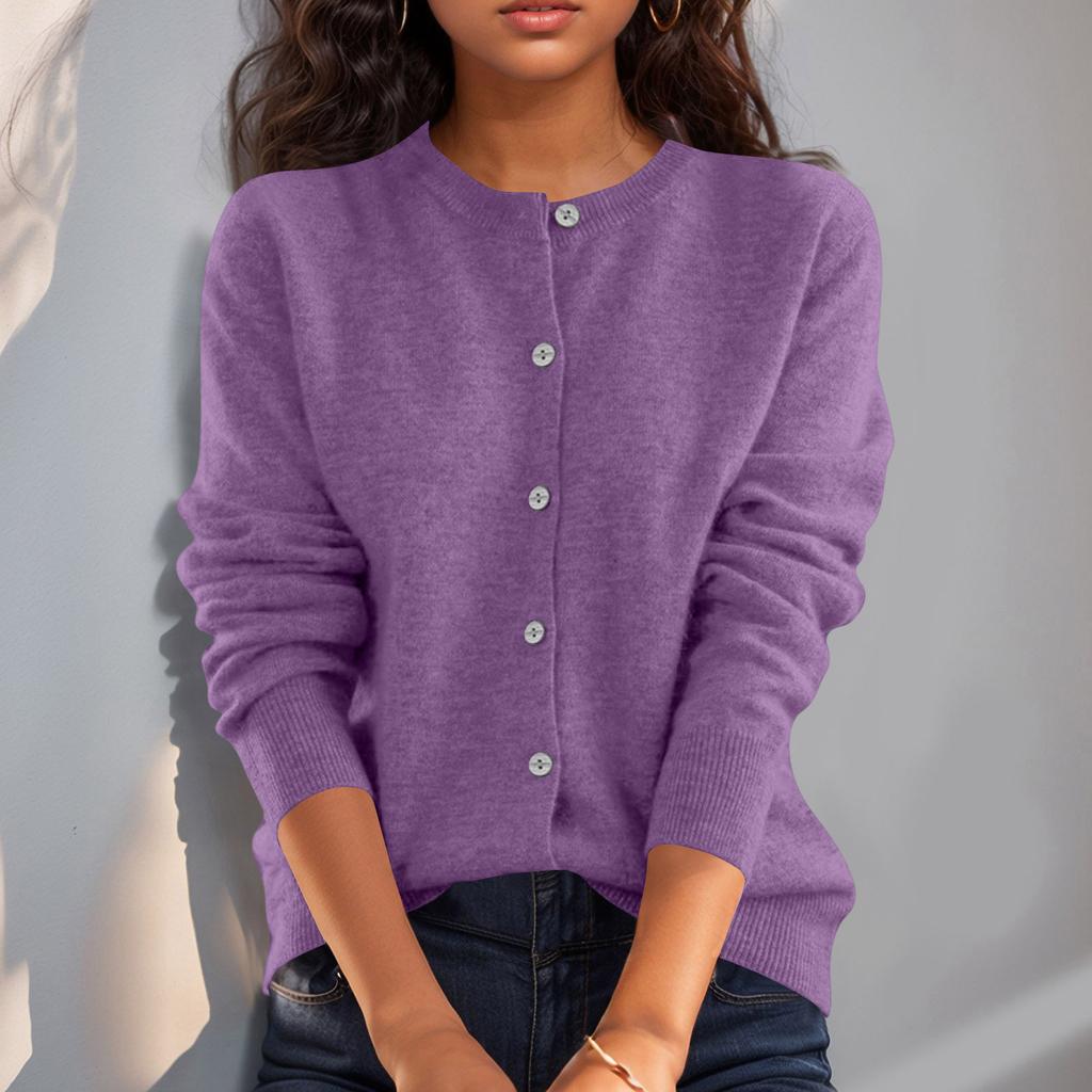 Women’s Long Sleeve Knit Cardigan Crew Neck Button Down Soft Lightweight Sweater Classic Fit for Everyday Wear