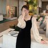 Hepburn Style Dress Women's Early Autumn New French Retro Slim Splicing Bubble Sleeves Black Velvet Dress