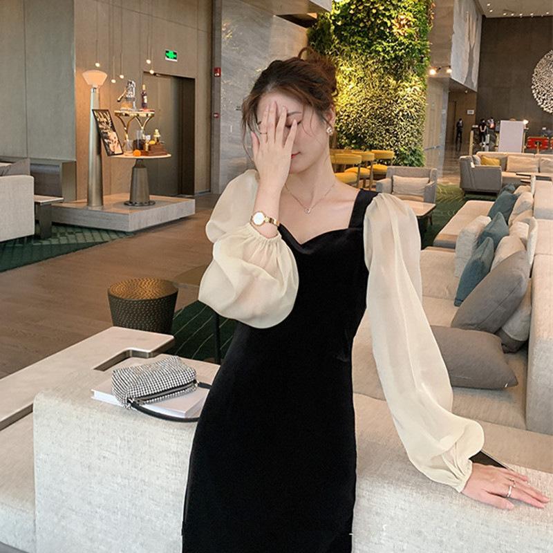 Hepburn Style Dress Women's Early Autumn New French Retro Slim Splicing Bubble Sleeves Black Velvet Dress