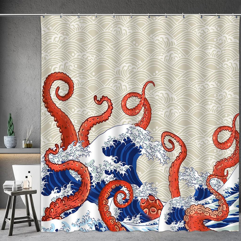 Asian Shower Curtain Japanese Traditional Black and White Mt. Fuji Cherry Blossom Fish Waves Red Sun Octopus Bathroom Decoration