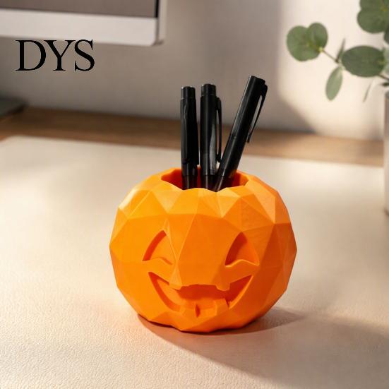 Creative Photography Props 3D Printed Geometric Pumpkin Pen Holder, Halloween Desktop Organizer, DIY Hand Painted Ornament Storage Container
