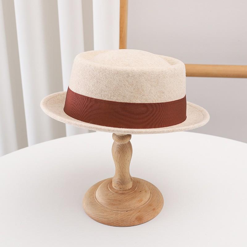 Womens Wool Felt Flat Top Wide Brim Hat Vintage Jazz Cap Winter Streetwear Accessory