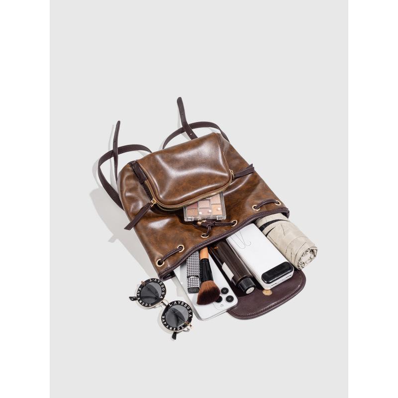 2025 Niche Design Retro Bundle Strap Backpack Women's Maillard Leisure Travel Commuter Backpack