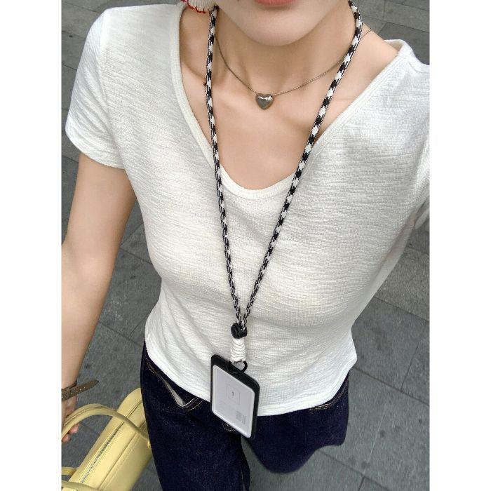 Yellow V-neck front shoulder short-sleeved t-shirt women's summer slim-fitting and thin short short short hot girl t-shirt top