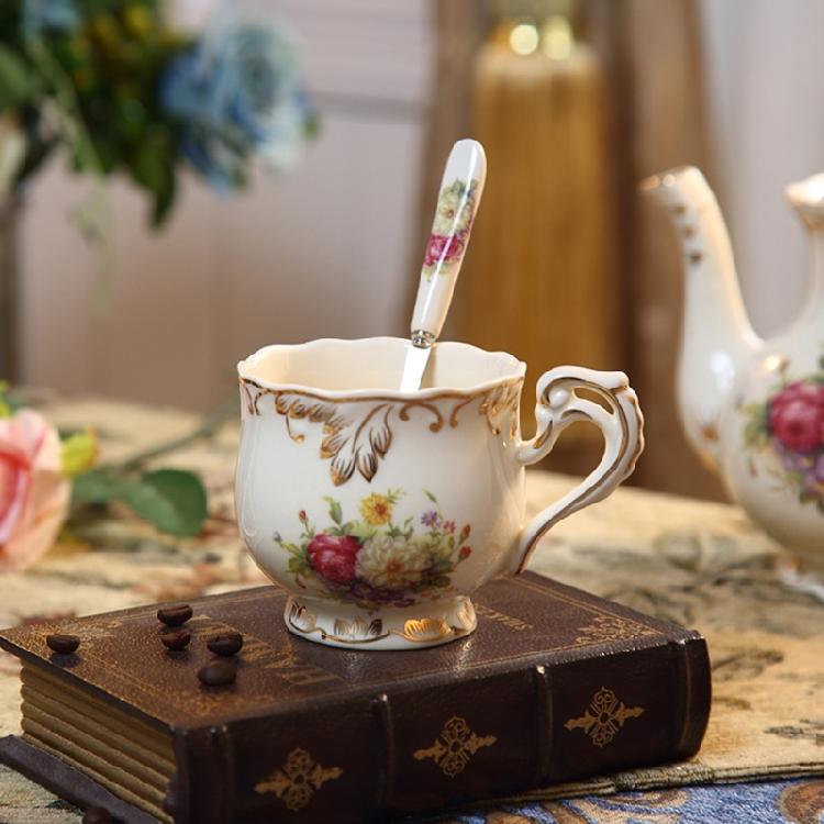 Rose Ivory Porcelain Coffee Cup Spoon Set Drinking Utensils for Women Teas Party