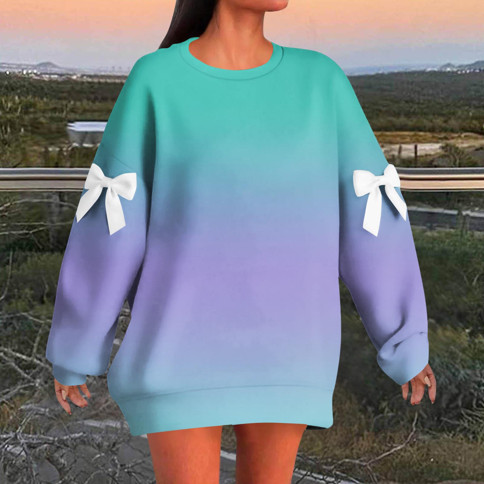 

Women s Graduated Print Bow Round Neck Long Sleeve Loose Pullover Sweatshirt T-Shirt M циан