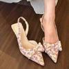 Stiletto Sandals Spring New Pointed Toe Shallow Mouth One-Line Strap Floral Bow Heels