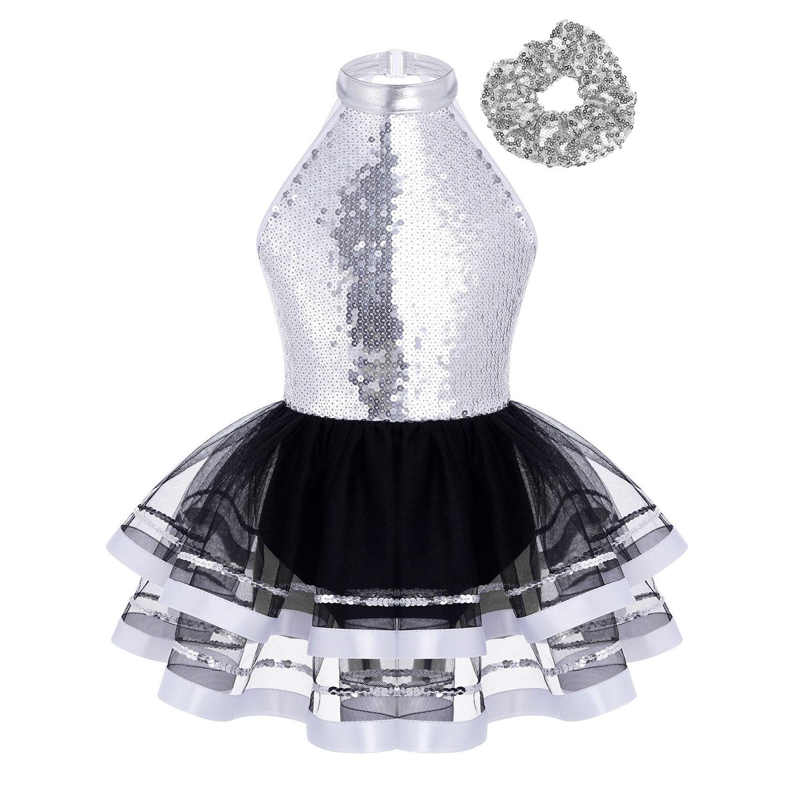 

Платье-пачка для девочек с блестками, халтер-воротником, без рукавов, с открытой спиной и аксессуаром для волос для танцевальных выступлений 3-4 Years серебряный