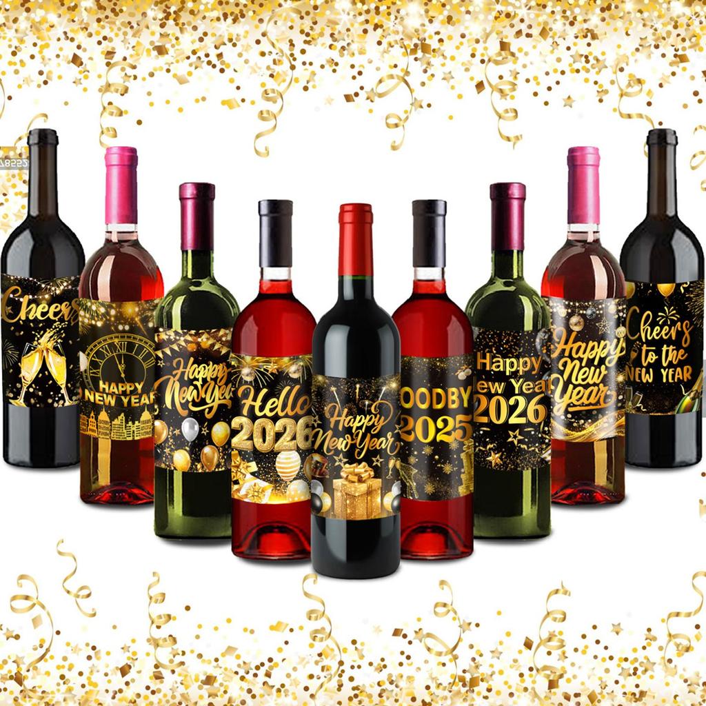 Happy New Year Wine Bottle Label Sticker 2026 Happy New Year Self-Adhesive Party Decoration Black Gold Beer Bottle Label Sticker