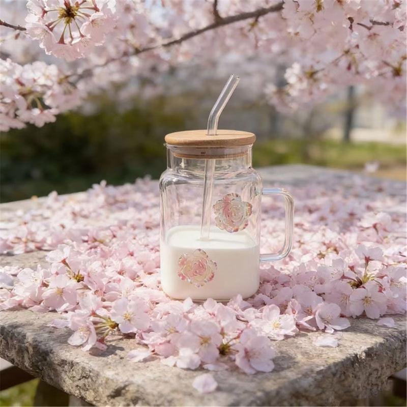 Premium Glass Tumblers With Ergonomic Handle And Straw Wooden Lid For Hot and Cold Drink Juice Coffee Tea Drinking Mug