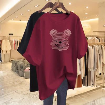 Women's Summer Loose Fit Cartoon Bear T-Shirt - Mid-Length, Round Neck, Short Sleeve, Versatile, Trendy Casual Style.