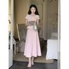 Women's Pink Two Piece Set Ruffle Collar Short Sleeve Top High Waist Flared Midi Skirt Elegant Casual Outfit