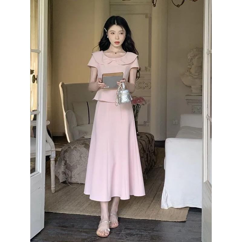 Women's Pink Two Piece Set Ruffle Collar Short Sleeve Top High Waist Flared Midi Skirt Elegant Casual Outfit