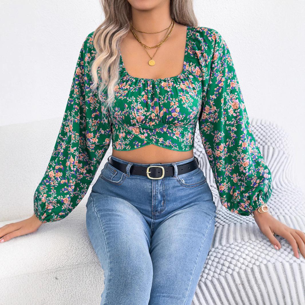 

QICED Осенняя блузка из шифона с рукавами-фонариками, шнуровкой, подчеркивающая талию, кроп-топ для женщин S зелёный