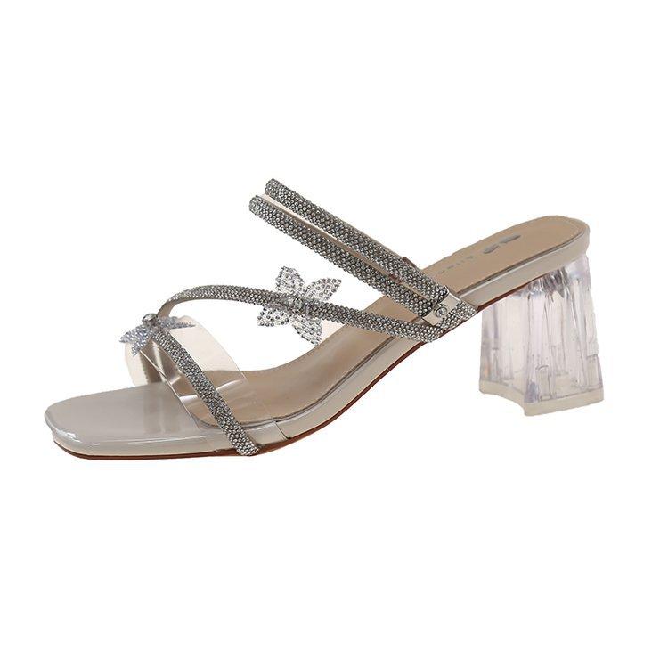 

Rhinestone butterfly thick heel slippers women s outerwear 2025 summer new fashionable versatile non-slip lightweight simple cool slippers 40