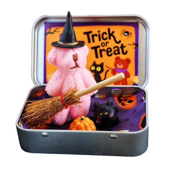 Halloween Bear In A Box for Trick or Treat Handmade Witch Bear In Box Miniature Plush Bear with Witch Hat Broom Pumpkin Cat for Halloween Party