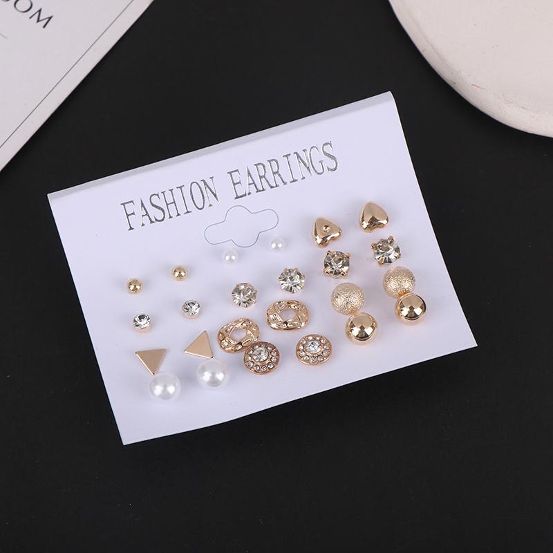 12 Pairs/Set Of Stud Earrings Pearl Zircon Card One Week Stud Earrings Simple Design Stud Earrings