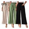 Women Summer Pants Elastic High Waist Casual Trousers with Pockets Solid Color Wrinkles Loose Fit Pants