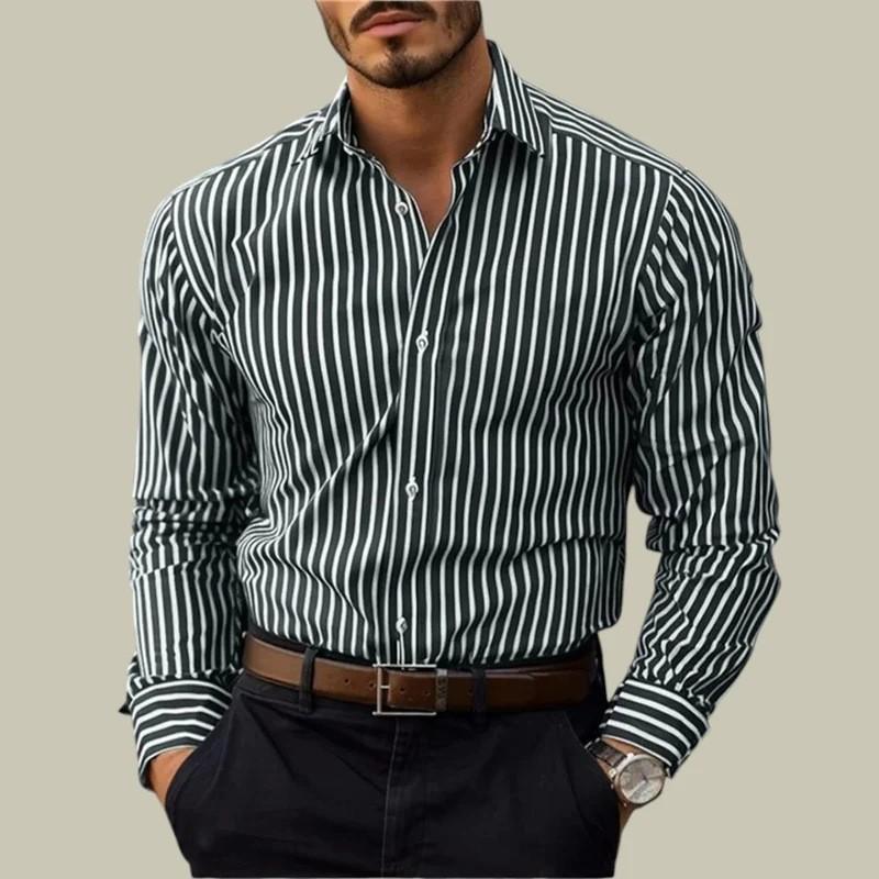 Camicia Casual a Maniche Lunghe a Righe Verdi e Bianche da Uomo