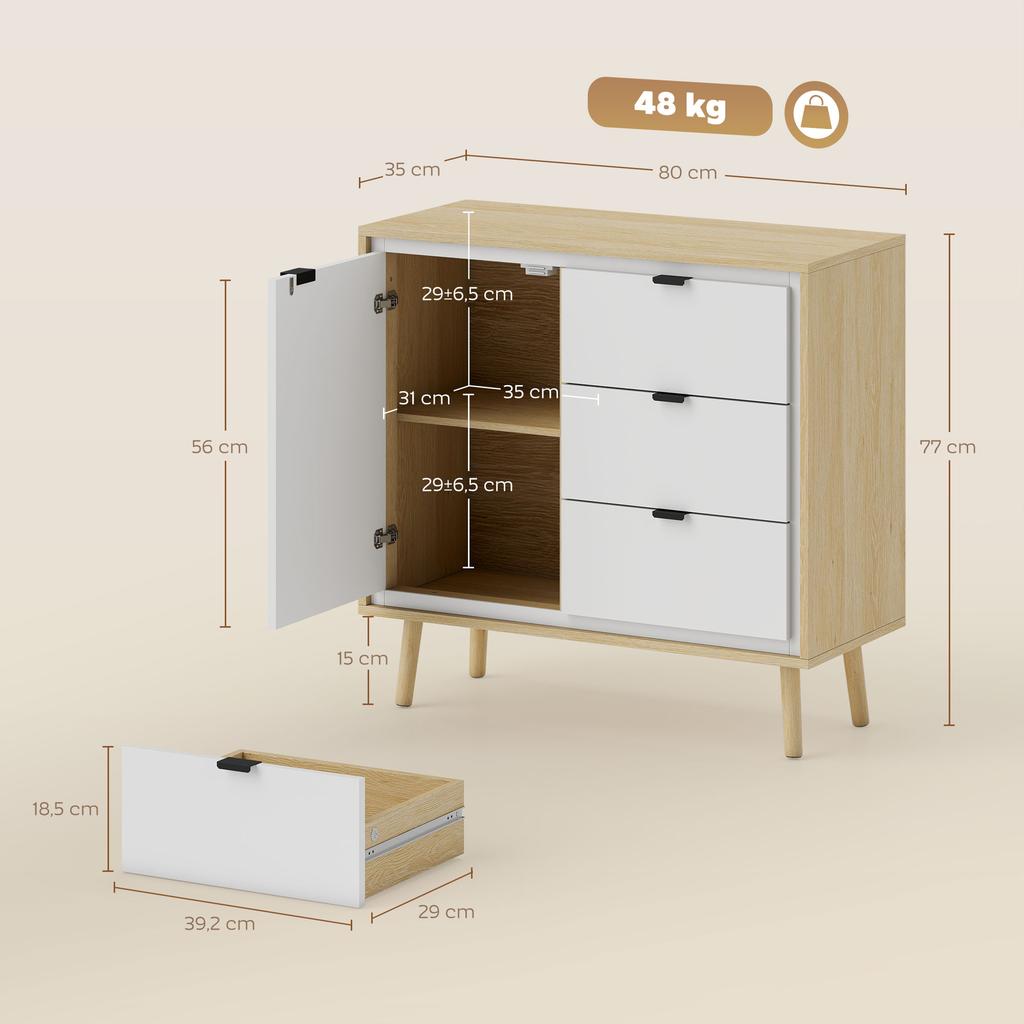Buffet Sideboard Storage Cabinet Kitchen Cupboard With 2 Doors 3 Drawers And Adjustable Shelf 80x35x77cm White