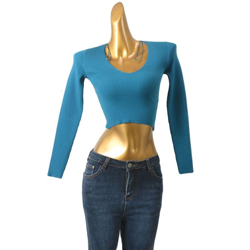 Sexy High Waist Knitwear Sexy Crop Top Pure Color Slimming Long Sleeves Fashion Export Bottoming Shirt