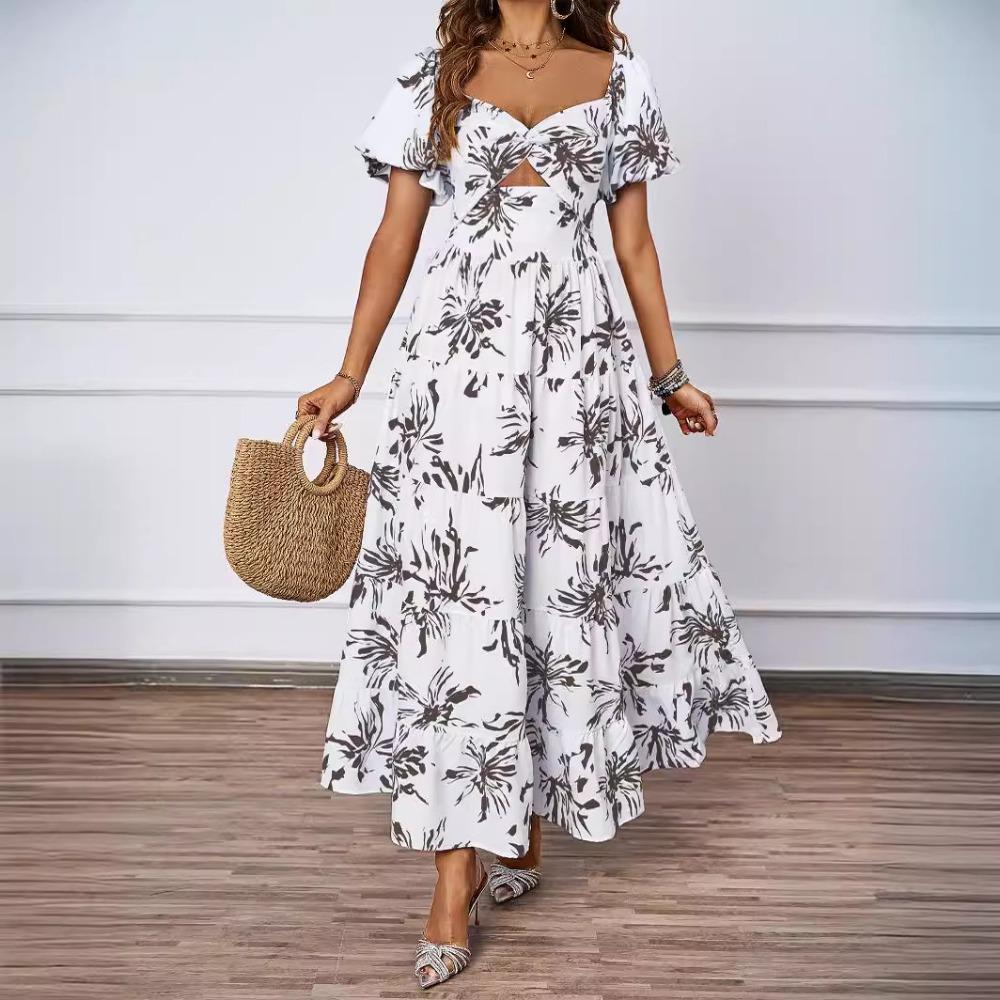 Sommerkleid für Damen, elegant, mit Blumenmuster und ausgehöhlten Schultern