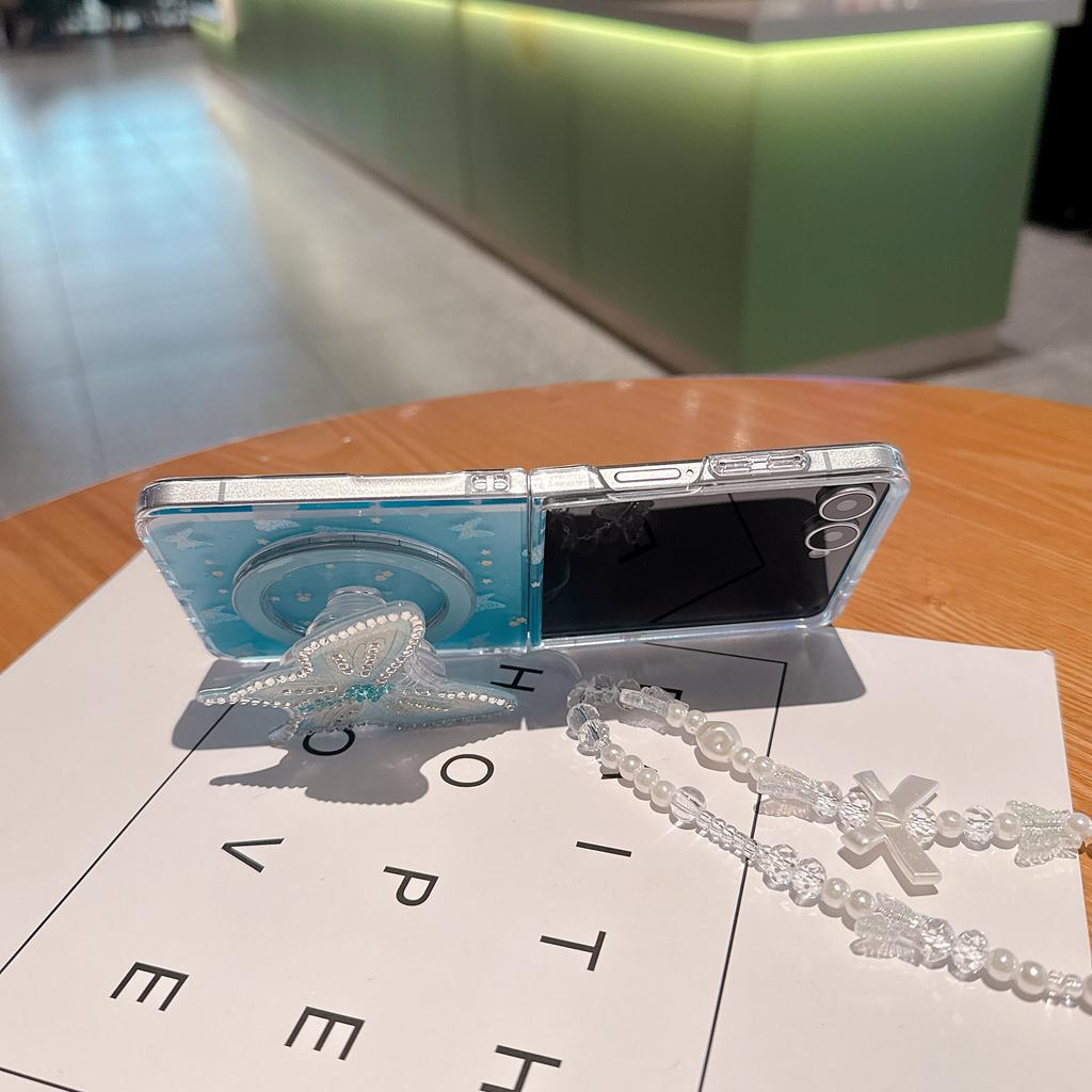 Applicable to Samsung ZFlip7 mobile phone case ZFlip6 magnetic butterfly holder 5 folding 4 lanyard 3 flash diamond protective case