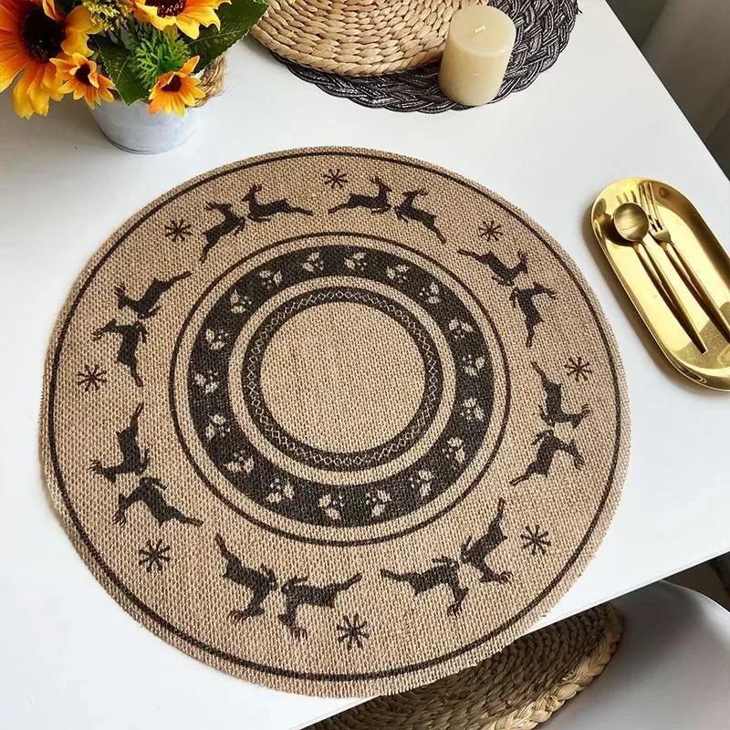 Jute Table Mats Christmas Woven Placemat Ins Printed Hairball Thermal Insulation Mat Retro Cotton and Linen Decorative Mat
