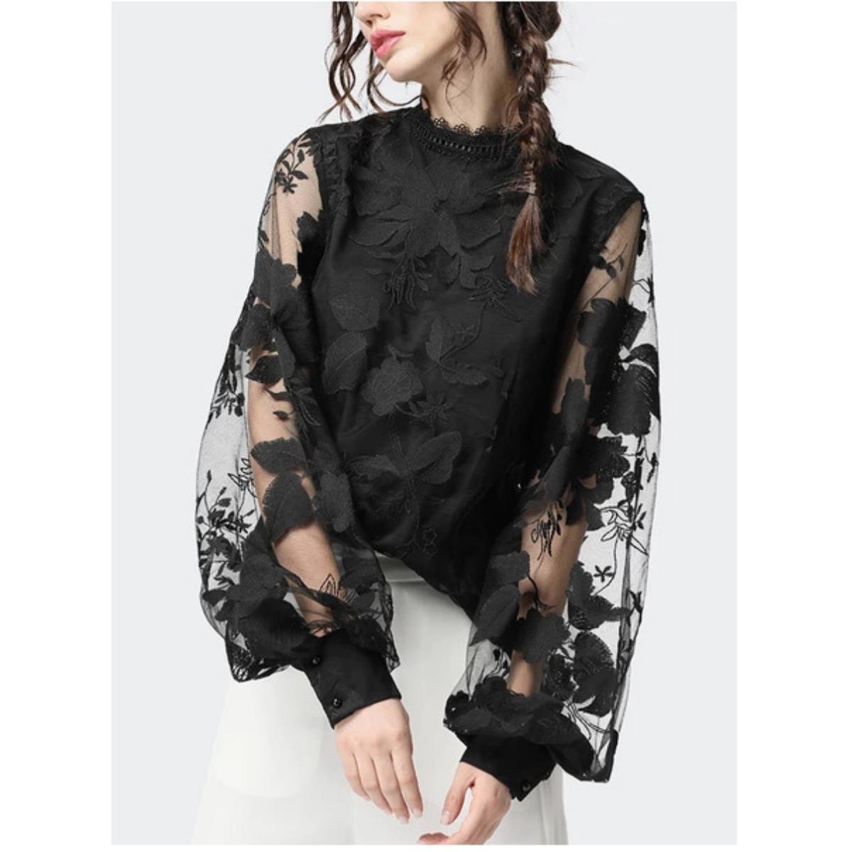 New Women s European Style Shirt, Sheer Crew Neck Solid Color Lace Puff Sleeve Blouse Top S чёрный