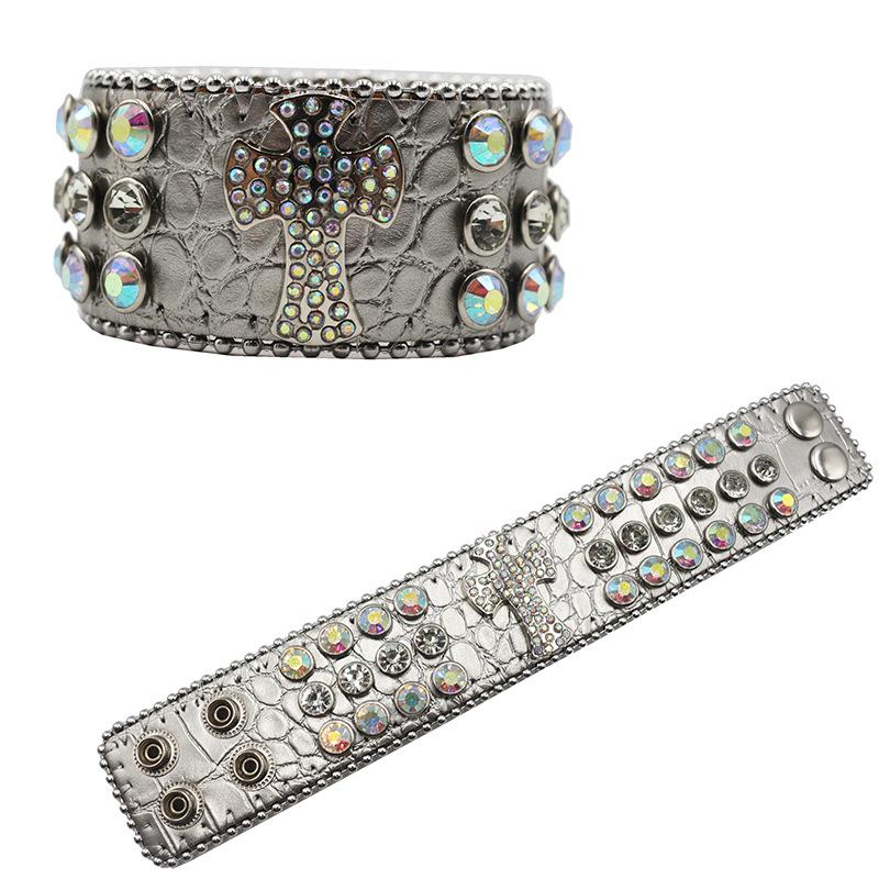 Trendy Punk Hip-hop Rhinestone Bracelet, Personalized Diamond-encrusted Colorful PU Leather Bracelet