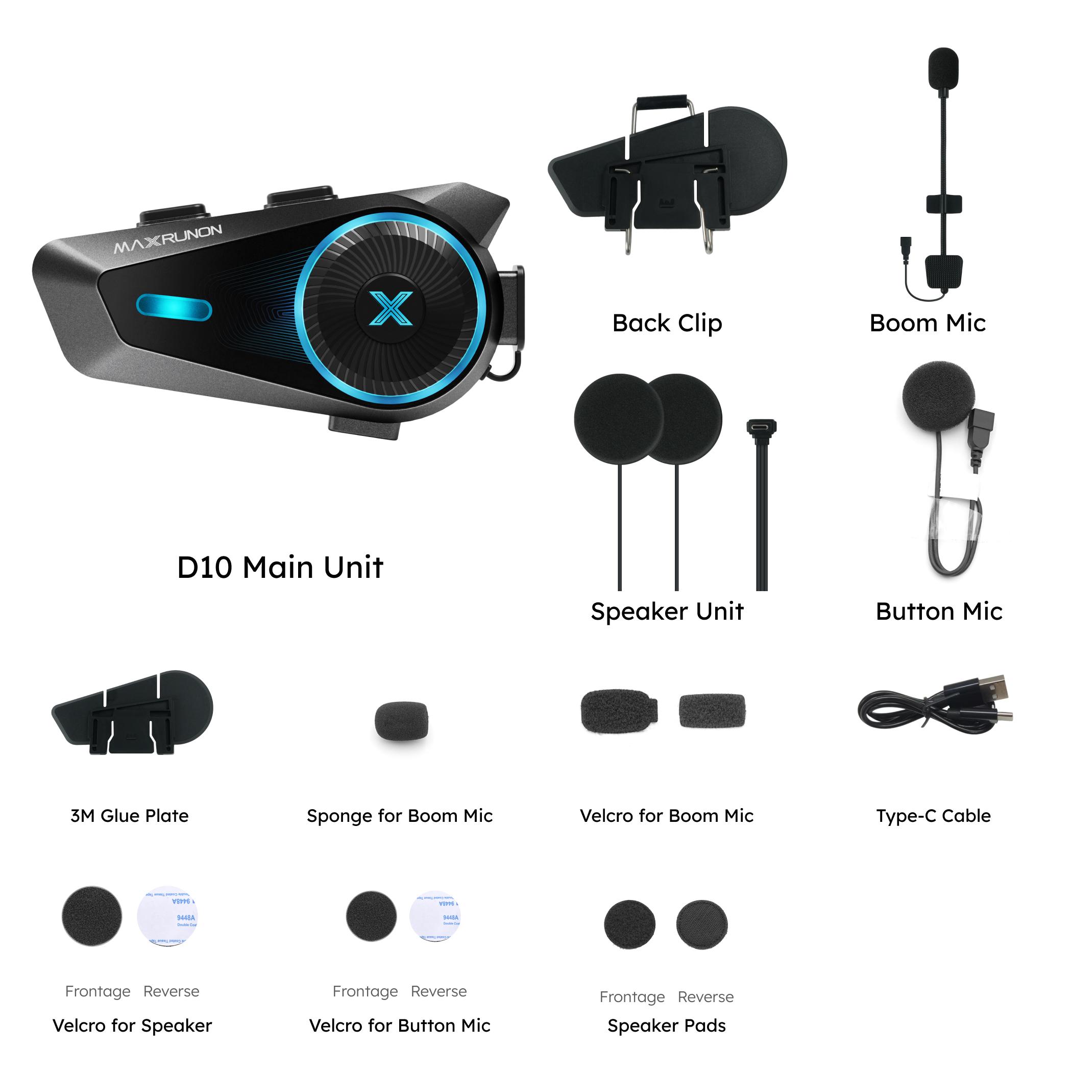 MAXRUNON D10 Motorcycle Intercom 4 Riders Helmet Headset Moto Group Interphone App, AI Voice Control, ENC, IPX7, FM, BT5.4 1PC D10