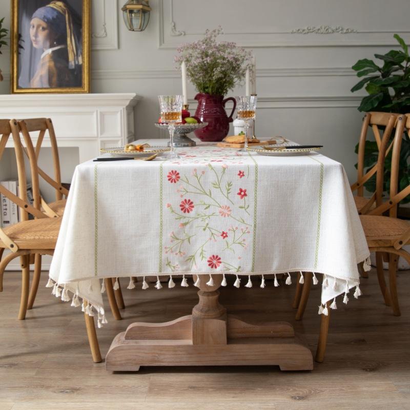 High-Grade High-Grade Broken Flower Tablecloth Cotton And Linen Fabric Thickened Embroidered Waterproof Dining Table Cloth