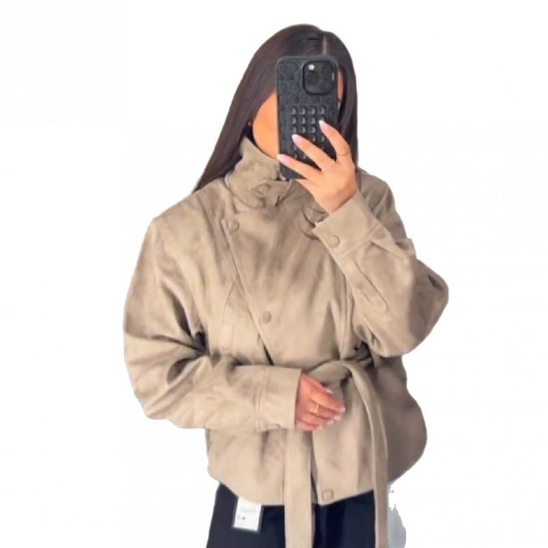 Chaqueta Casual Elegante para Mujer con Cuello Alto, Cintura Fruncida, Manga Larga Holgada, Estilo Ante