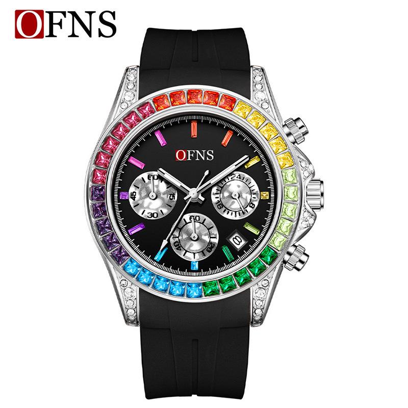 OFNS Luminous Waterproof Chronograph Wristwatch: Unisex Six-Hand Calendar Quartz Watch with Colorful Round Design