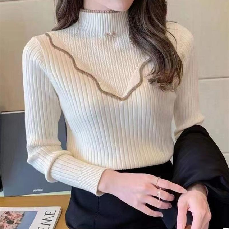 

Winter new semi-turtleneck knitted sweater women s autumn and winter slim-fit fashion outer bottoming shirt women s top tide One size бежевый