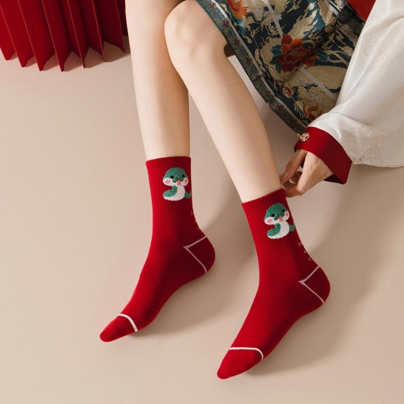 1 Pair Cartoon Snake Year New Year Striped Crew Socks Soft Cotton Chinese Zodiacs Ankle Socks for Festives Celebrations