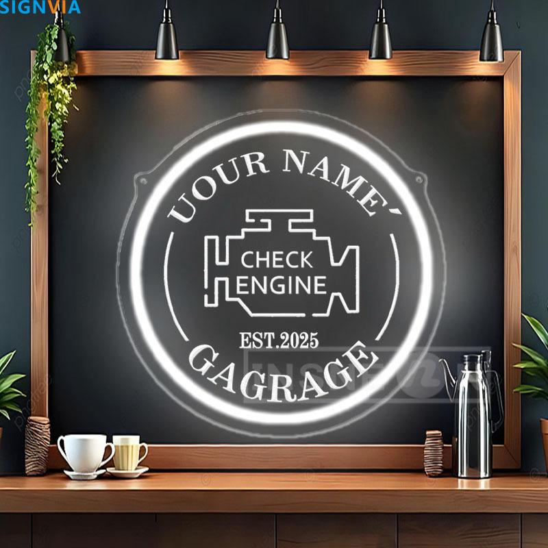 Garage Custom LED Neon Sign USB Wall-Mounted Decor Check Engine Man Cave White Auto Light for Showrooms Gifts Circular
